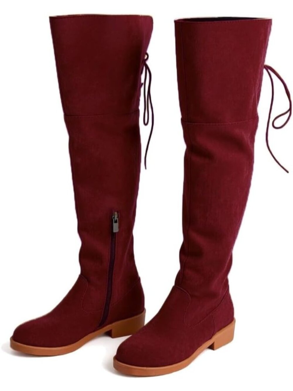 Women's Wine Red Faux Suede Back Lace Wide Calf Over-the-Knee Thigh-High Boots